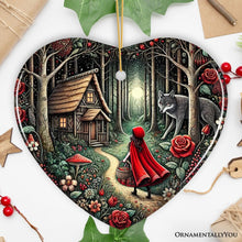 Carregar imagem no visualizador da galeria, Folksy Sly Wolf and Red Riding Hood Ornament, Mystic Woodland Fantasy Holiday Decoration
