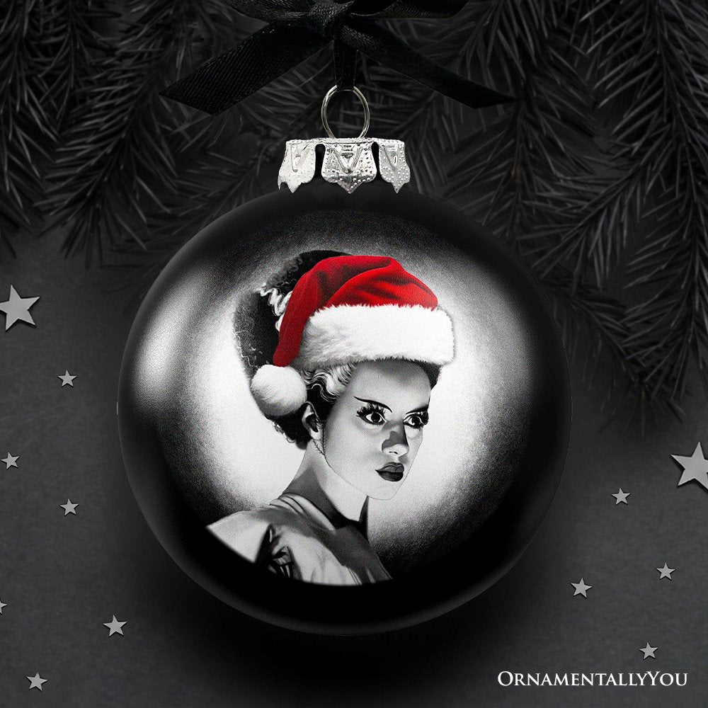 Frankenstein's Bride Christmas Spooky Portrait Glass Ornament, Black Horror Halloween Tree Decoration