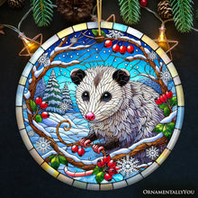 Cargar imagen en el visor de la galería, Frosty Possum in Berry Branches Ornament, Playful Winter Wonderland for Holiday Tree Decor
