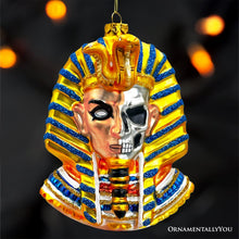 Carregar imagem no visualizador da galeria, Evil Egyptian Pharoah Half Skull Head Glass Ornament, Gothic Halloween Tree Decor
