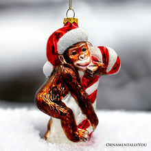 Carregar imagem no visualizador da galeria, Cute Monkey with Candy Cane Glass Christmas Ornament, Adorable Chimp Holiday Tree Decor
