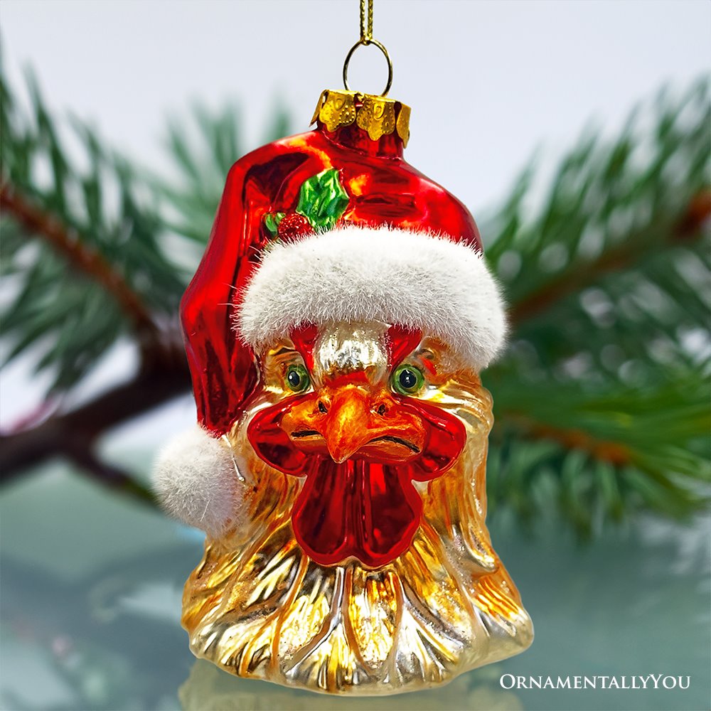 (Pre-Order) Rooster with Santa Hat Handblown Glass Christmas Ornament, Farm Chicken Holiday Decor