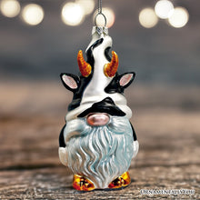 Carregar imagem no visualizador da galeria, Whimsical Gnome Cow Handblown Glass Christmas Ornament, Cute Holiday Decor
