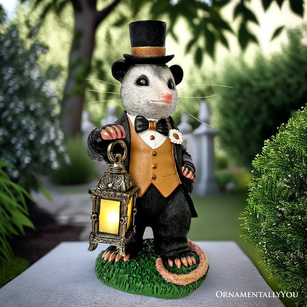 Gentleman Opossum the Victorian Nightcrawler with Solar Powered Lamp Statue, 13