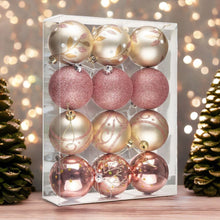Load image into Gallery viewer, Glamorous and Cute Shiny Pink and Rose Gold Christmas Ornament Set, Glittered and Girly Feminine Holiday Baubles
