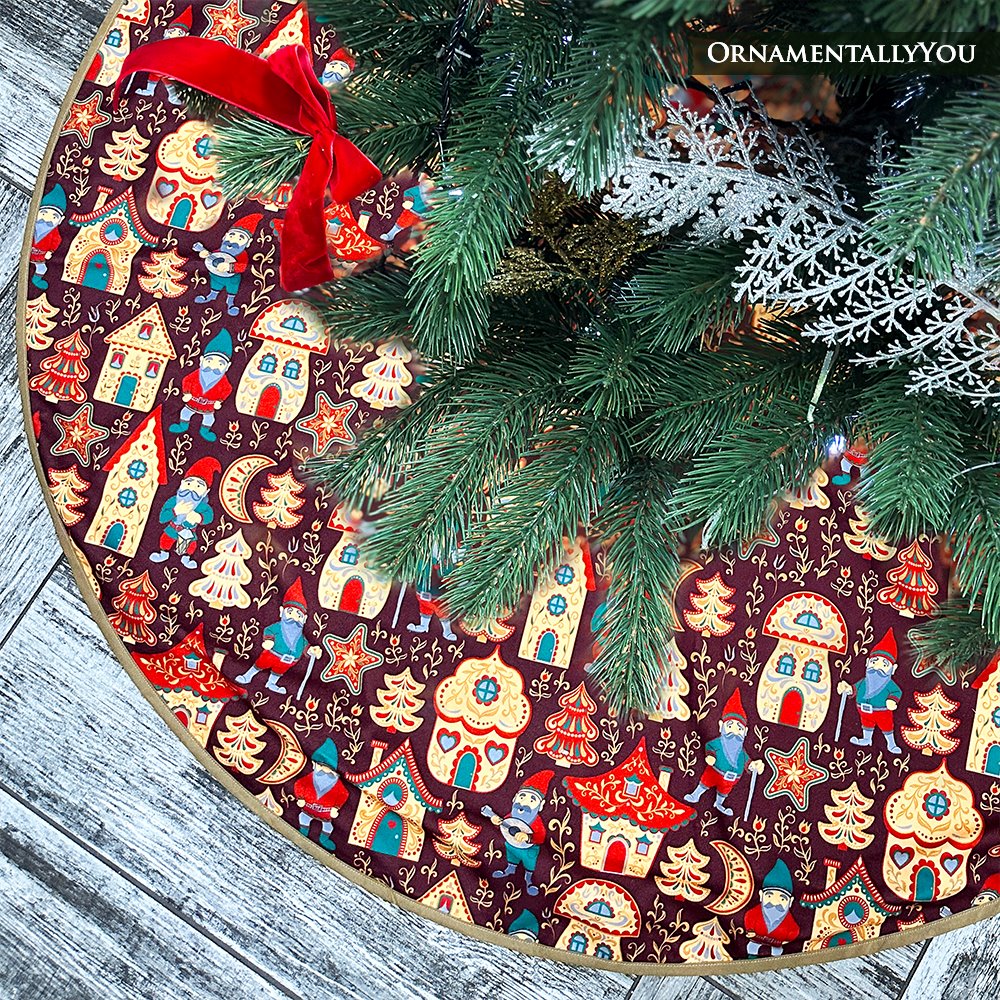 Gnome Folk Pattern Vintage Christmas Tree Skirt
