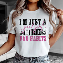 Carregar imagem no visualizador da galeria, Good Girl with Bad Habits T-Shirt, Grunge Pink and Skeleton Hands Navy, Black, and White Tee for Wild and Rebellious Women
