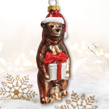 Load image into Gallery viewer, Grizzly Bear with Santa Hat and Gift Glass Christmas Ornament
