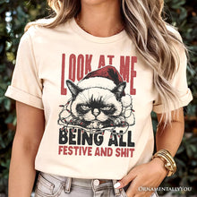 Carregar imagem no visualizador da galeria, Grumpy Christmas Cat T‑Shirt, Funny Santa Hat Holiday Lights Tee for Sarcastic Festive People
