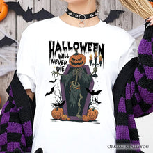 Carregar imagem no visualizador da galeria, Halloween Will Never Die T-Shirt, Vintage Pumpkin Coffin Skeleton Tee
