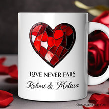 Carregar imagem no visualizador da galeria, Heart Stained Glass Personalized Mug, Love Never Fails Custom Names Gift
