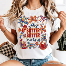 Carregar imagem no visualizador da galeria, Hey Batter Batter Swing T-Shirt, Retro White and Natural Baseball Tee with Floral Accents
