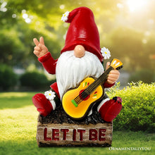 Load image into Gallery viewer, Hippy Gnome with Guitar Garden Statue, Unique Flowers and Peace Sign
