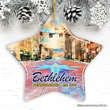Cargar imagen en el visor de la galería, Historical Bethlehem City Ceramic Ornament, Pennsylvania Travel Christmas Keepsake
