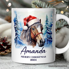 Carregar imagem no visualizador da galeria, Horse with Santa Hat Personalized Mug, Winter Forest Christmas Gift With Custom Name and Date
