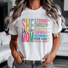 Load image into Gallery viewer, Inspirational Christian Mom T-Shirt, Affirmation White Tee for Strong and Motivated Mothers
