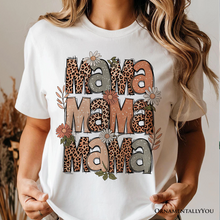 Carregar imagem no visualizador da galeria, Leopard Mama Floral Retro T-Shirt, White and Natural Trendy Women&#39;s Tee with Wildflower Accents

