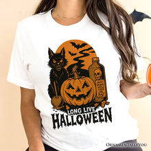 Load image into Gallery viewer, Long Live Halloween T-Shirt, Retro Black Cat Pumpkin Tee for Horror Fans
