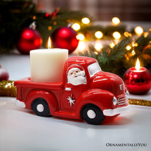 Load image into Gallery viewer, Red Truck with Santa Christmas Candle, Ceramic and Scented with an Invigorating Lemon Basil Fragrance

