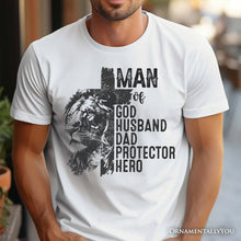 Carregar imagem no visualizador da galeria, Man of God Lion Cross T-Shirt, White Tee for Faithful and Christian Fathers

