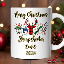 Carregar imagem no visualizador da galeria, Personalized Mug Buffalo Plaid Hunting Theme Christmas, Hunter Gift, Red and Green Deer and Gun
