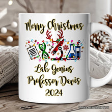 Carregar imagem no visualizador da galeria, Personalized Mug Science Buffalo Plaid Christmas, Gift for Scientist or Researcher, Lab Tools like Flasks and Microscope
