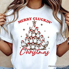 Carregar imagem no visualizador da galeria, Merry Cluckin' Christmas Tree T‑Shirt, Funny Santa Hat Chicken Farmhouse Tee
