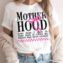 Carregar imagem no visualizador da galeria, Motherhood Coquette Pink Bow T-Shirt, Retro Checkered White Tee for Sassy and Stylish Moms
