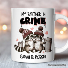 Carregar imagem no visualizador da galeria, My Partner in Crime Love Racoons Personalized Mug For Couple, Funny Vintage Retro Gift With Custom Names
