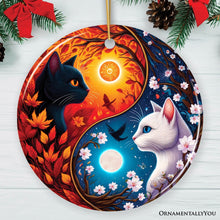 Carregar imagem no visualizador da galeria, Mystical Seasons Yin and Yang Cats Ceramic Ornament, Gift for White and Black Kitten Lovers
