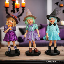 Load image into Gallery viewer, Mystical Victorian Witch Sisters Set of Three Figurines, Enchanted 6&quot; Statues for a Bewitching Halloween Tabletop Display

