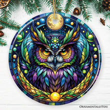 Carregar imagem no visualizador da galeria, Nocturnal Enchanter Mysterious Owl Stained Glass Style Ceramic Ornament, Halloween Themed Christmas Gift and Decor
