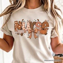 Load image into Gallery viewer, Nurse Coquette Autumn T-Shirt, Cozy Fall Pumpkins Tee for Healthcare Heroes
