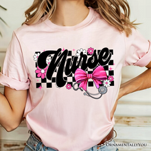 Cargar imagen en el visor de la galería, Nurse Floral Coquette Pink Bow T-Shirt, Retro Stethoscope Checkered Tee
