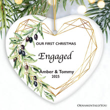 Carregar imagem no visualizador da galeria, Our First Christmas Engaged Personalized Heart Ornament
