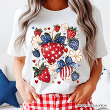 Carregar imagem no visualizador da galeria, Patriotic Boho Strawberries Bouquet T-Shirt, 4th of July Festive Patch Tee
