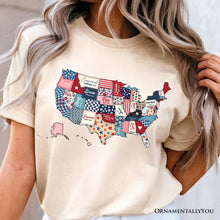 Carregar imagem no visualizador da galeria, Patriotic Patchwork USA T-Shirt, Quilted Map Tee for Americana Fans
