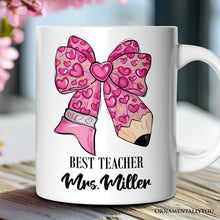 Carregar imagem no visualizador da galeria, Pencil Coquette Teacher Bow Personalized Mug, Cute Appreciation Present, Back To School Gift With Custom Name
