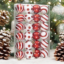 Carregar imagem no visualizador da galeria, Polka Dot and Candycane Color Style Ornament Ball Bundle, Set of 24 Red and White Patterned Christmas Baubles

