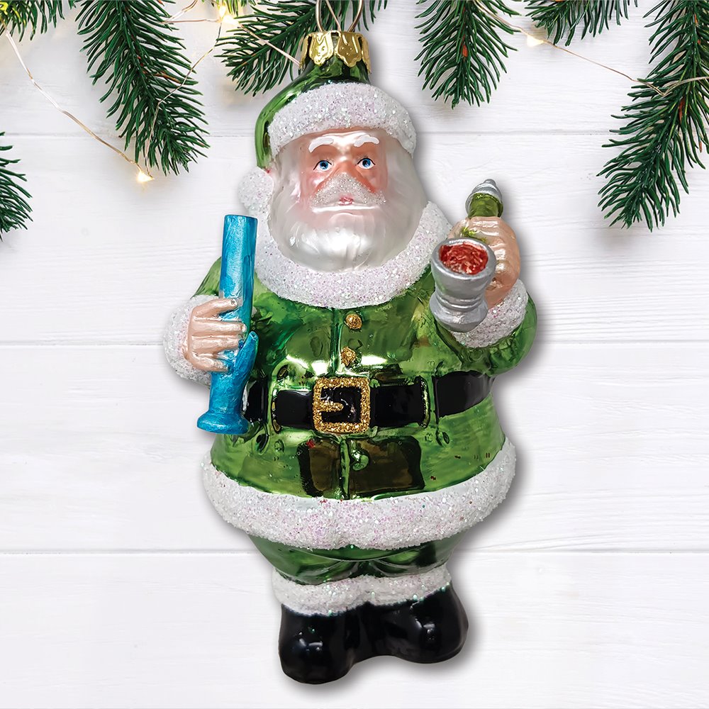 (Pre-Order) Pothead Santa Glass Christmas Ornament, Merry Weedmas Funny Pot Decoration