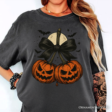 Cargar imagen en el visor de la galería, Pumpkin Cherries Coquette Bow T-Shirt, Retro Halloween Fall Season Tee for Sweet Autumn Girls
