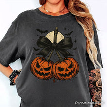 Carregar imagem no visualizador da galeria, Pumpkin Cherries Coquette Bow T-Shirt, Retro Halloween Fall Season Tee for Sweet Autumn Girls
