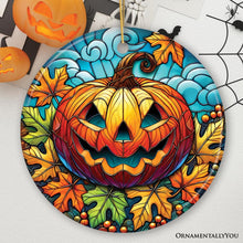 Carregar imagem no visualizador da galeria, Pumpkin Spice and Crispy Leaves Stained Glass Style Ceramic Ornament, Halloween Themed Christmas Gift and Decor
