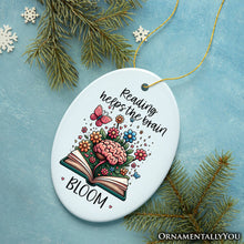 Carregar imagem no visualizador da galeria, Reading Helps the Brain Bloom Unique Handcrafted Ornament, Booklover Gift with Flowers and Butterflies Art
