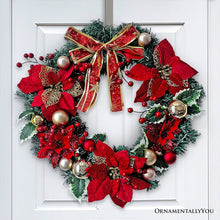 Load image into Gallery viewer, Refined Red and Gold 20&quot; Christmas Wreath, Poinsettias, Ribbons and Ornament Baubles
