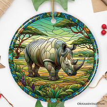 Carregar imagem no visualizador da galeria, Rhinoceros Realm Expedition Stained Glass Style Ceramic Ornament, African Animals Christmas Gift and Decor
