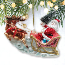 Load image into Gallery viewer, Santa Sleigh and Reindeer Elegant Christmas Ornament, Holiday Blown Glass Figurine
