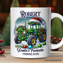 Load image into Gallery viewer, Santa's Favorite Farmer Personalized Mug, Christmas Green Tractor Gift with Custom Name
