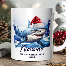 Carregar imagem no visualizador da galeria, Shark with Santa Hat Personalized Mug, Festive Christmas Gift With Custom Name and Date
