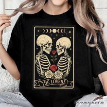 Carregar imagem no visualizador da galeria, Skeleton The Lovers T-Shirt, Tarot Card Gothic Moon Phases Rose Tee

